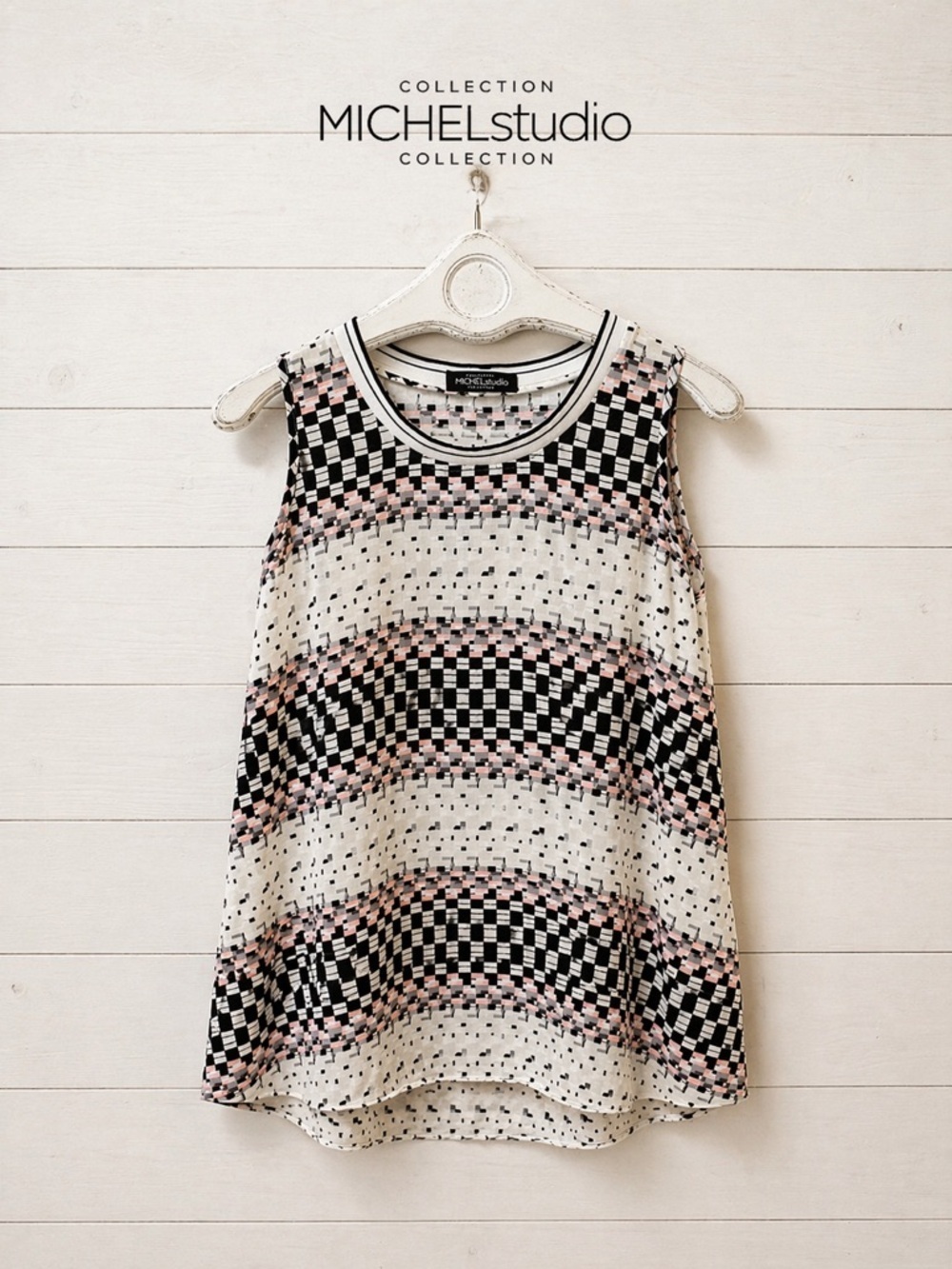 MICHELE STUDIO Geometric Print Sleeveless Blouse Size 14 Multicolor